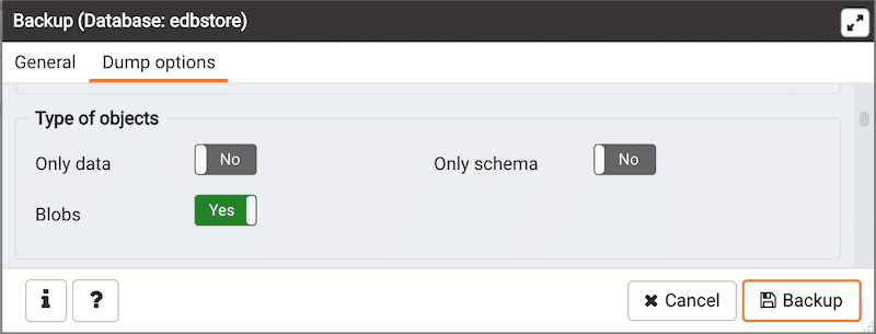 Backup dialog - Dump Options tab - Type of Objects